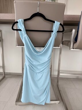 Tiger Mist Pale Blue Draped Backless Mini Dress